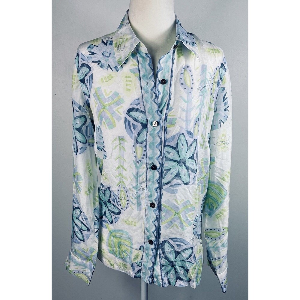 SIGRID OLSEN Silk Women Sz XS Floral Print Button Front Shirt Top Watercolor Art